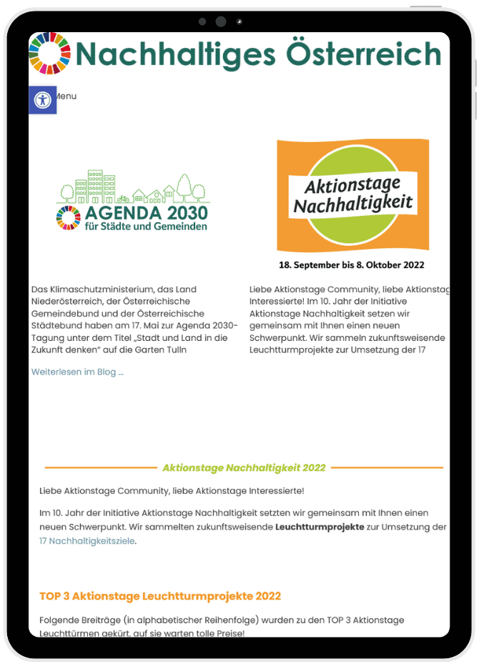 Screenshot der Seite www.nachhaltigesoesterreich.at auf einem Tablet dargestellt